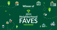 Winner of 2023 Neighborhood Faves by Nextdoor, featuring icons representing local businesses and services, emphasizing community recognition and support for Azerplumb's plumbing services.