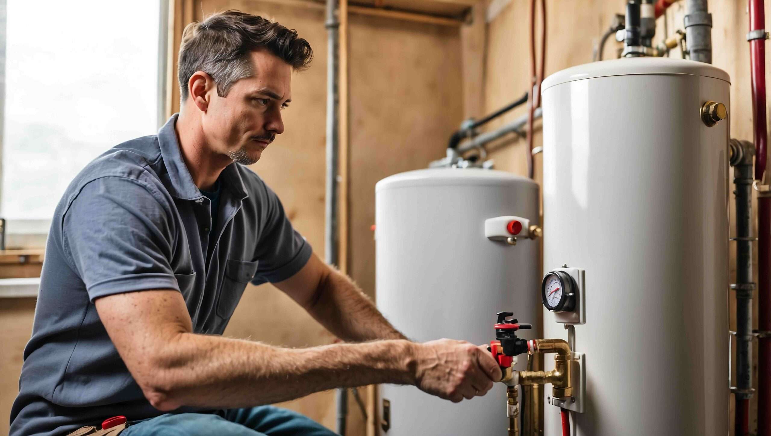 Plumber inspecting water heater system, focusing on pressure gauge and valve adjustments, highlighting emergency plumbing services in Cumming.