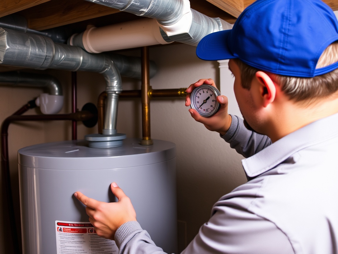 Plumber inspecting water heater pressure gauge in residential plumbing system.