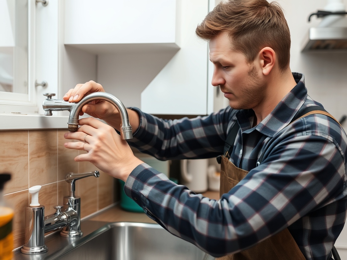 Plumber repairing kitchen faucet, showcasing plumbing expertise in home maintenance.