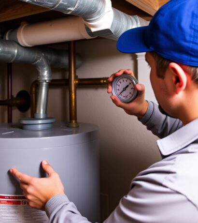 Plumber inspecting pressure gauge on a tankless water heater, showcasing expert plumbing services in Milton, GA.