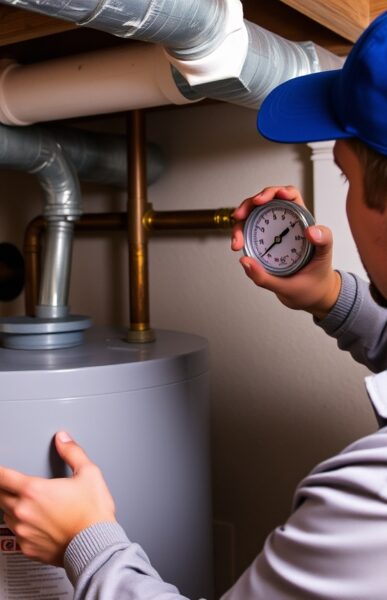 Technician checking pressure gauge on water heater during maintenance inspection.