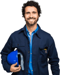 Smiling male plumber in work attire holding a blue hard hat, representing professional plumbing services for water line installation and repair in Buford, GA.