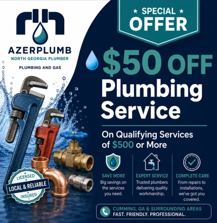 AzerPlumb special offering $50 off qualifying plumbing services of $500 or more