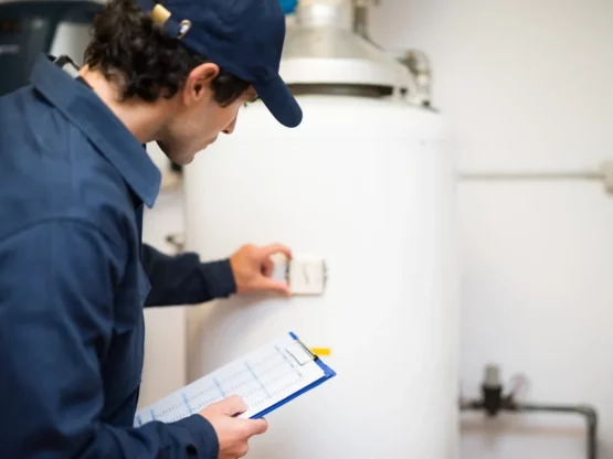 Technician inspecting a water heater's settings with a clipboard, focusing on troubleshooting potential issues like circuit breaker and sediment buildup.