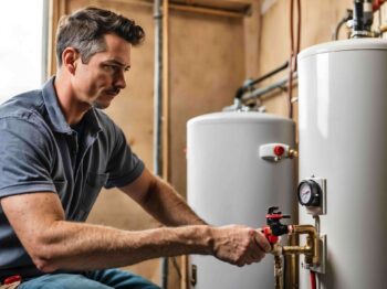 Man adjusting plumbing valves on a tankless water heater, highlighting the importance of plumbing maintenance and system efficiency.