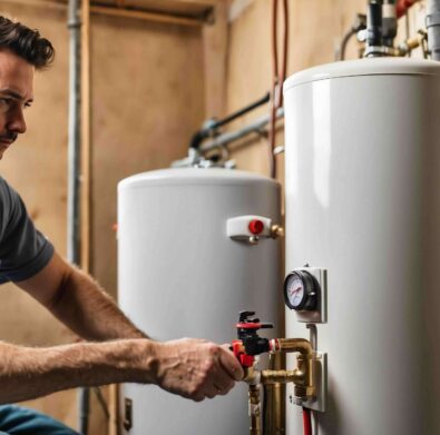 Plumber adjusting valves on tank water heaters during installation in a residential setting.