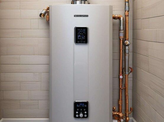 Energy-efficient tankless water heater with digital control panel and copper piping in modern bathroom setting.