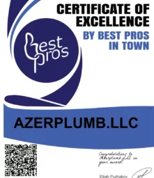 Certificate of Excellence awarded to Azerplumb, highlighting quality plumbing services in Cumming, GA, with a logo for Best Pros in Town and a QR code for further engagement.